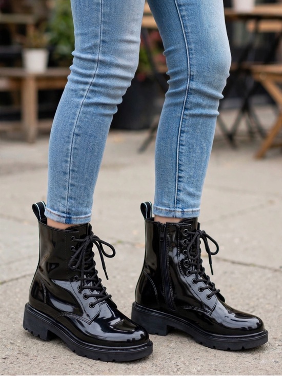 Michael Kors Shoes - Michael Kors Black Patent Lace-Up Combat Boots with Logo Heel Tab